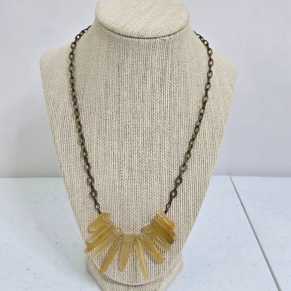 WH HM Quartz Necklace Yellow Chain Gold Tone Boho Bib Spikes Clear Vtg